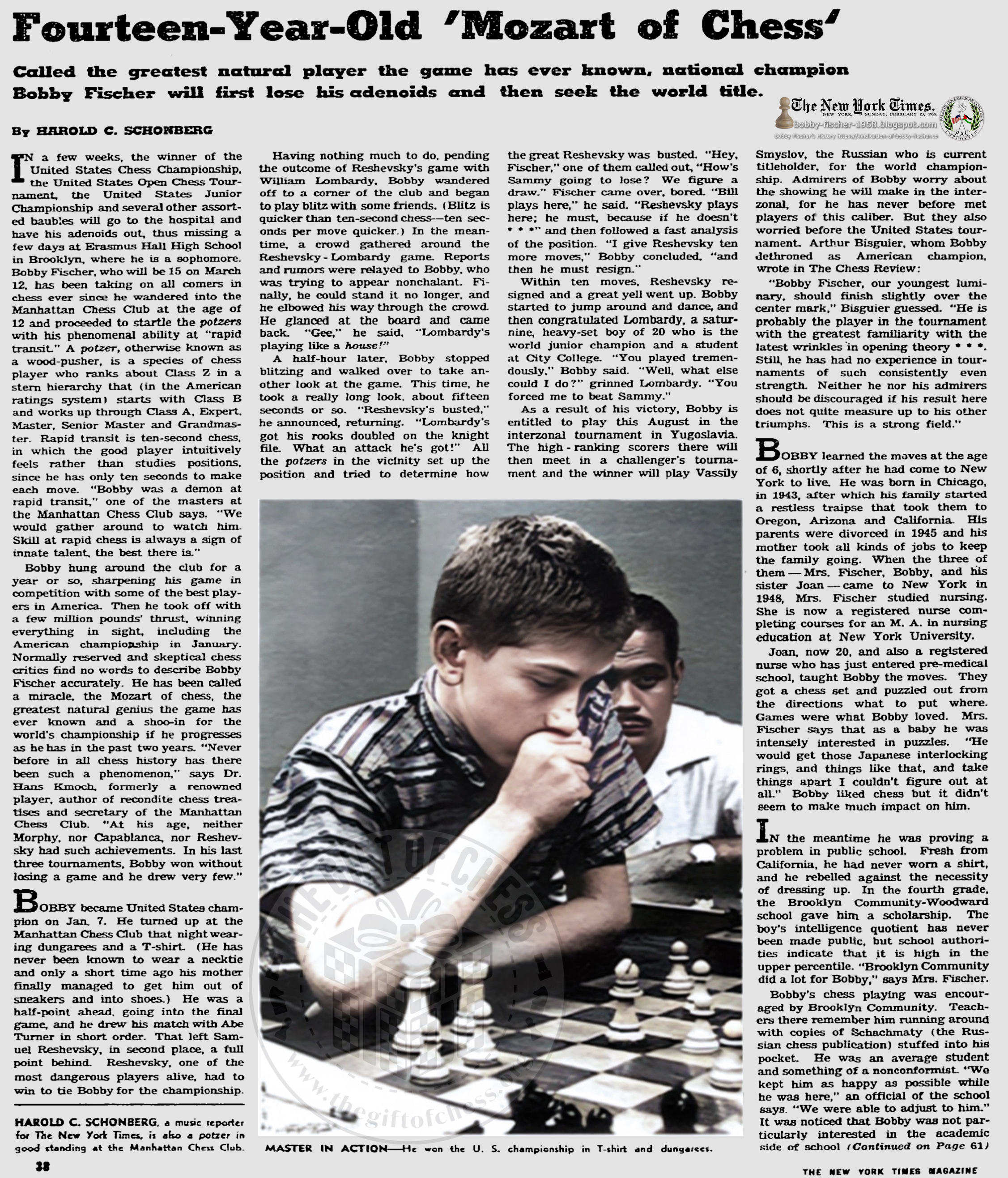 Bobby Fischer's True History - Portoroz, Yugoslavia. Bobby Fischer of  Brooklyn, 15-year-old United States champion, made his international debut  August 05, 1958, in a closely fought match with Oleg Neikirch of Bulgaria.