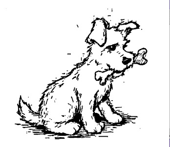Sketch of small white dog holding bone in its mouth
