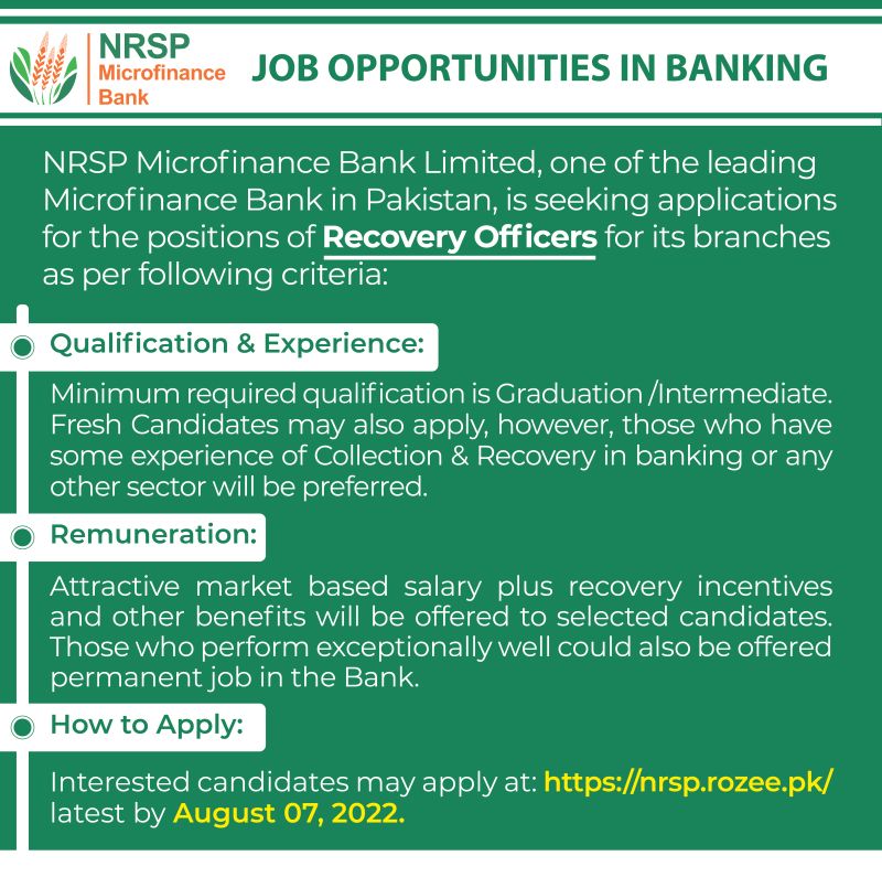 NRSP Microfinance Bank Ltd Announced Jobs For Recovery Officer