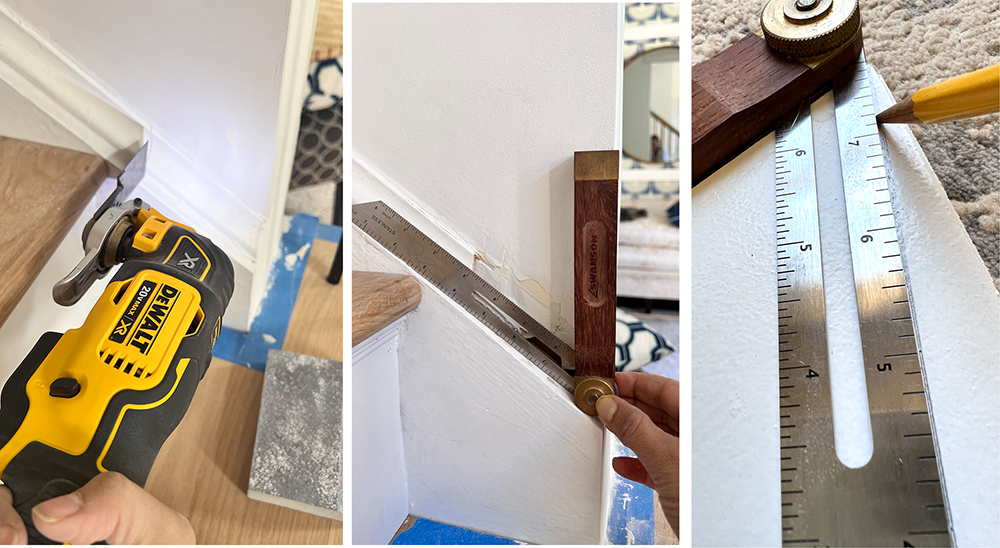 Using a multi-tool and t-bevel angle finder to install door trim