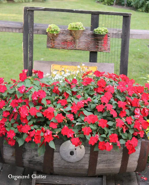 Photo of a wooden barrel planted with impatiens.