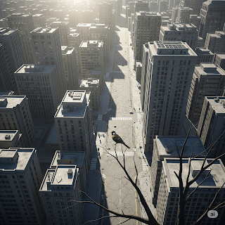 Overhead: hot concrete city, lone bird, dry tree.