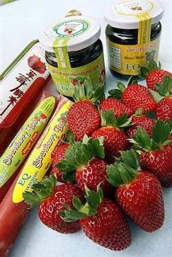 Strawberries and strawberry-based products including jam, enzyme and ice-cream potong sold at his farm.