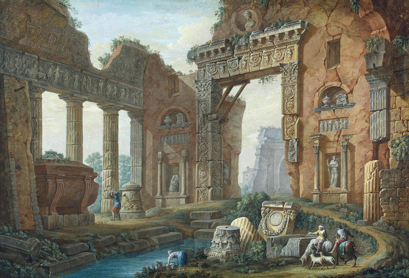 Architectural Fantasy by Charles-Louis Clerisseau - Architecture, Landscape Drawings from Hermitage Museum