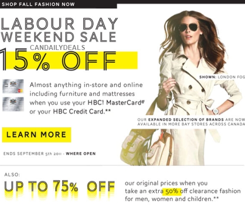 Canadian Daily Deals: The Bay Canada: Save 15% Off With HBC Mastercard or Credit Card Labour Day ...