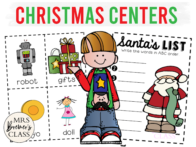 Christmas Holiday Literacy Centers for Kindergarten and First Grade for practice with phonics, CVC words, syllables, rhyme and more