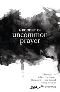 Cover of "a booklet of common prayer", black and white, with inkish cloud across most of the cover.