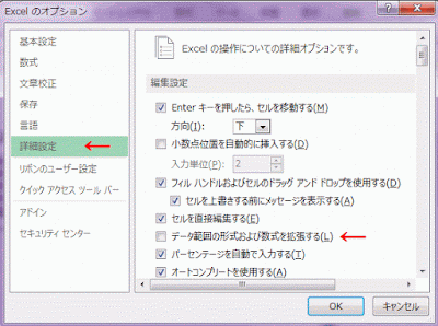 ［データ範囲の形式および数式を拡張する］のチェックを外します