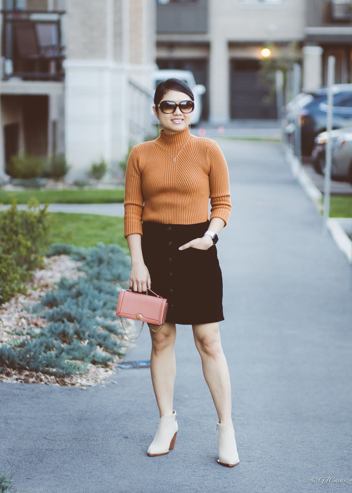 Corduroy Skirt | Brown Sweater | Vince Camuto Ankle Boots | Gucci Sunglasses | Coach Chain Clutch | Apple Watch SE | Petite Fashion | Fall Outfit