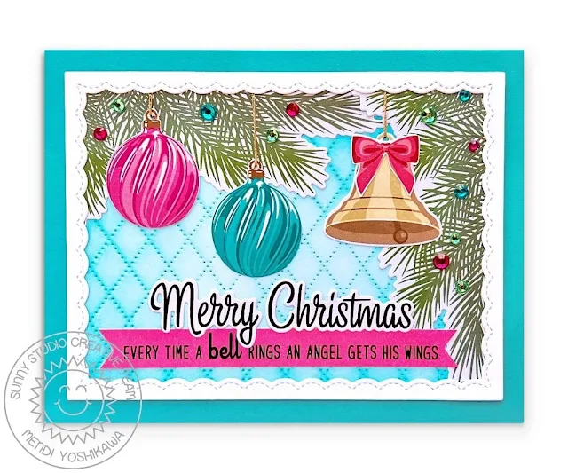 Sunny Studio Ornament Christmas Card (using Bells & Baubles, Dotted Diamond Landscape Die & Fancy Frames Rectangle Dies)