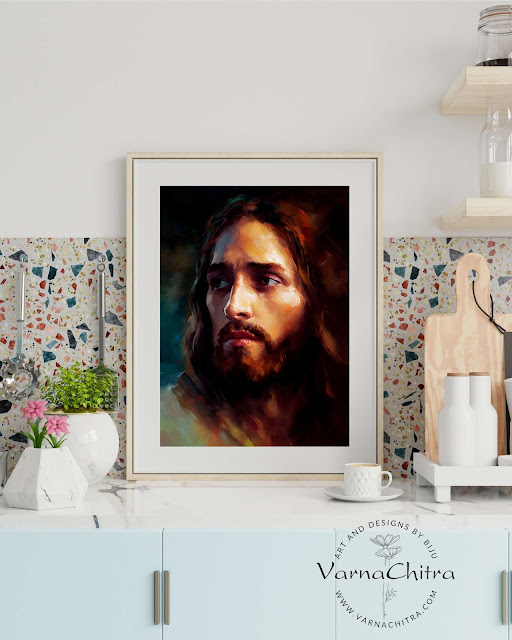 Unique close up painting of Jesus Christ in Impasto Thick Oil Painting Style.  Colorful deep colors, handsome Jesus with elegant look, by Biju Varnachitra