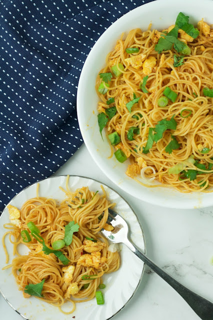 noodles on a small plate and in a large bowl.