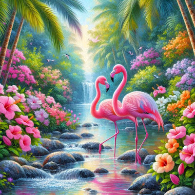 Two flamingos in tropical paradise with waterfall, stream and colorful Hibiscus  flowers