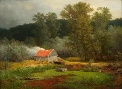 Shed By A Lake in Wooded Hilly Countryside painting Andreas Achenbach