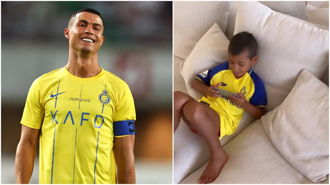 Georgina Rodriguez shares video of her Youngest son watching Cristiano Ronaldo in action against PSG on the phone