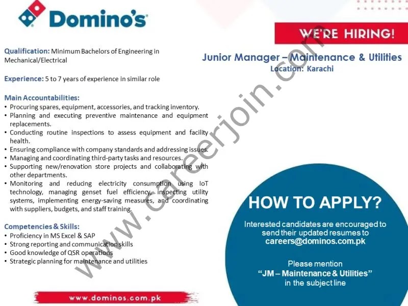 Domino’s Pizza Pakistan Jobs 2023 Latest Advertisement