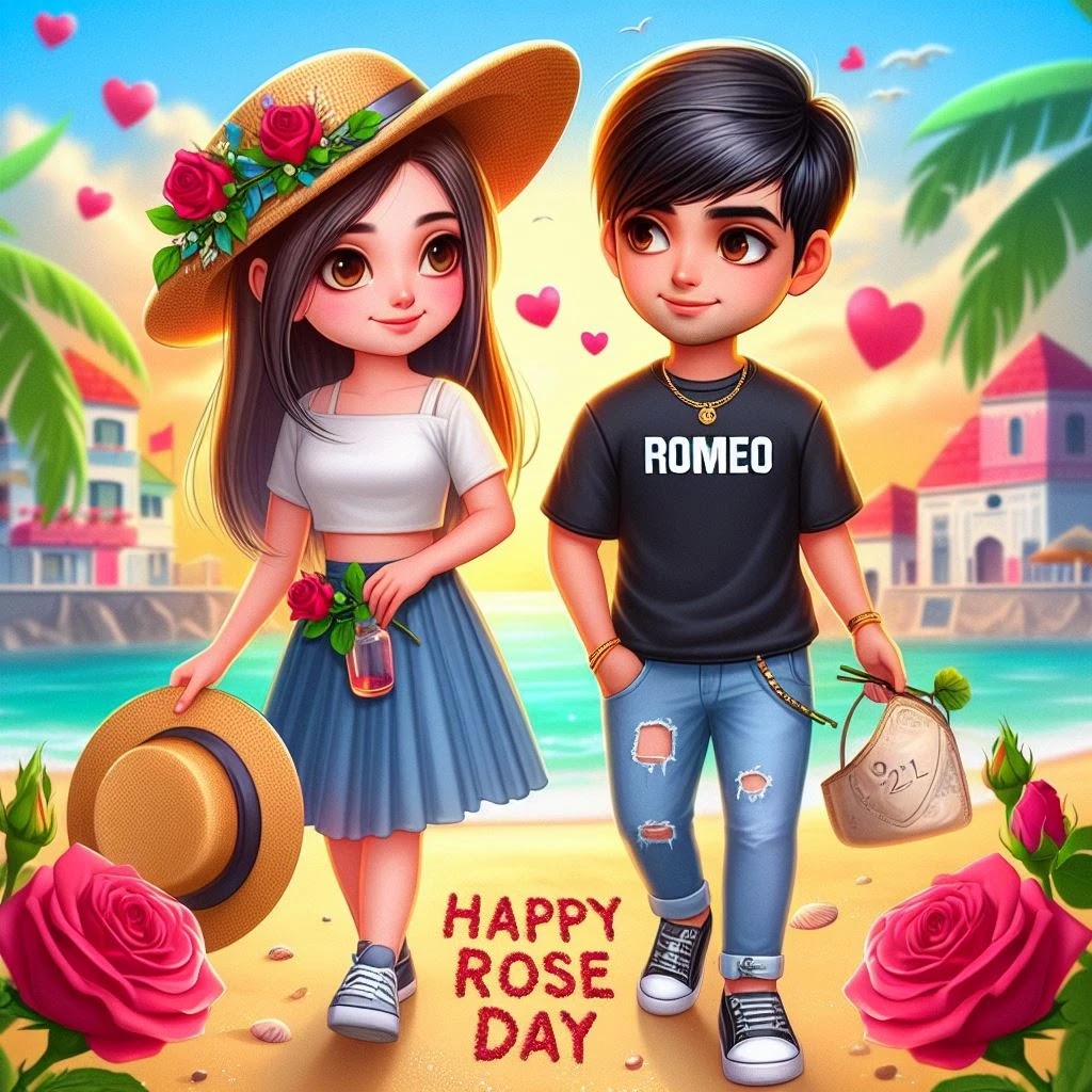 A 2D cartoon image of a 22-year-old boy and girl in a casual outfit walking on a beach with roses and seashells in the background. The girl is holding a hat and “Happy Rose Day” is written in sand text style on the hat. “Romeo” is written on the boy’s shirt and “Juliet” is written on the girl’s skirt. The boy and girl have Indian features. The image has vibrant colors and the background looks like a painting.