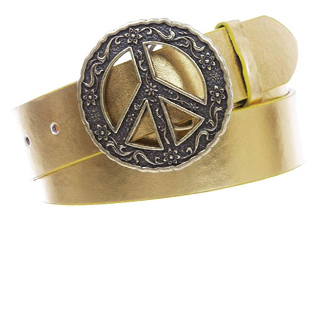 Men's 1 1/2&quot Snap On Belt Gold Tone With Round Perforated Floral Engraving Peace Sign...