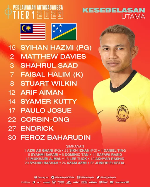 Senarai pemain kesebelasan utama Malaysia vs Kepulauan Solomon Jun 2023