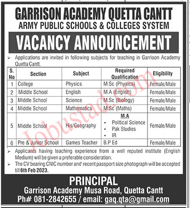 Latest Garrison Academy Jobs in Queta February 2023