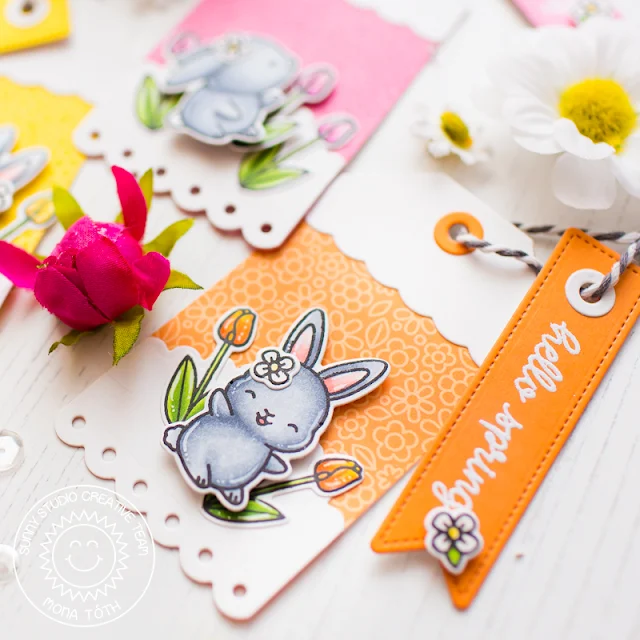 Sunny Studio Stamps: Chubby Bunny Sliding Window Dies Fancy Frames Spring Greetings Build-A-Tag Hello Spring Card by Mona Toth