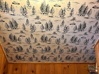 Wallpaper with a cream background and dark green pattern of evergreen trees, tents, and UFOs beaming people up.