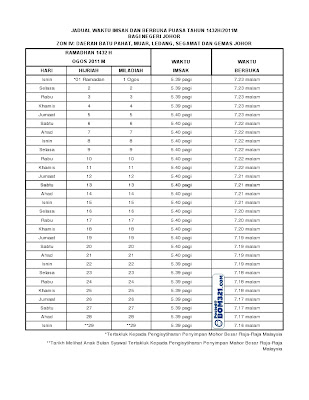 Jadual Waktu Imsak & Berbuka Puasa Tahun 1432H/2011M Bagi Negeri Johor