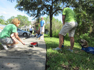 Gail runs behind Michele when the wagon comes her way.  She did come out and go sniff the wagon  though!