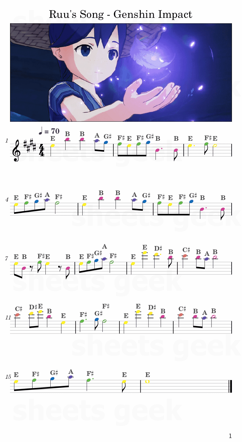 Ruu's Song - Genshin Impact Easy Sheet Music Free for piano, keyboard, flute, violin, sax, cello page 1