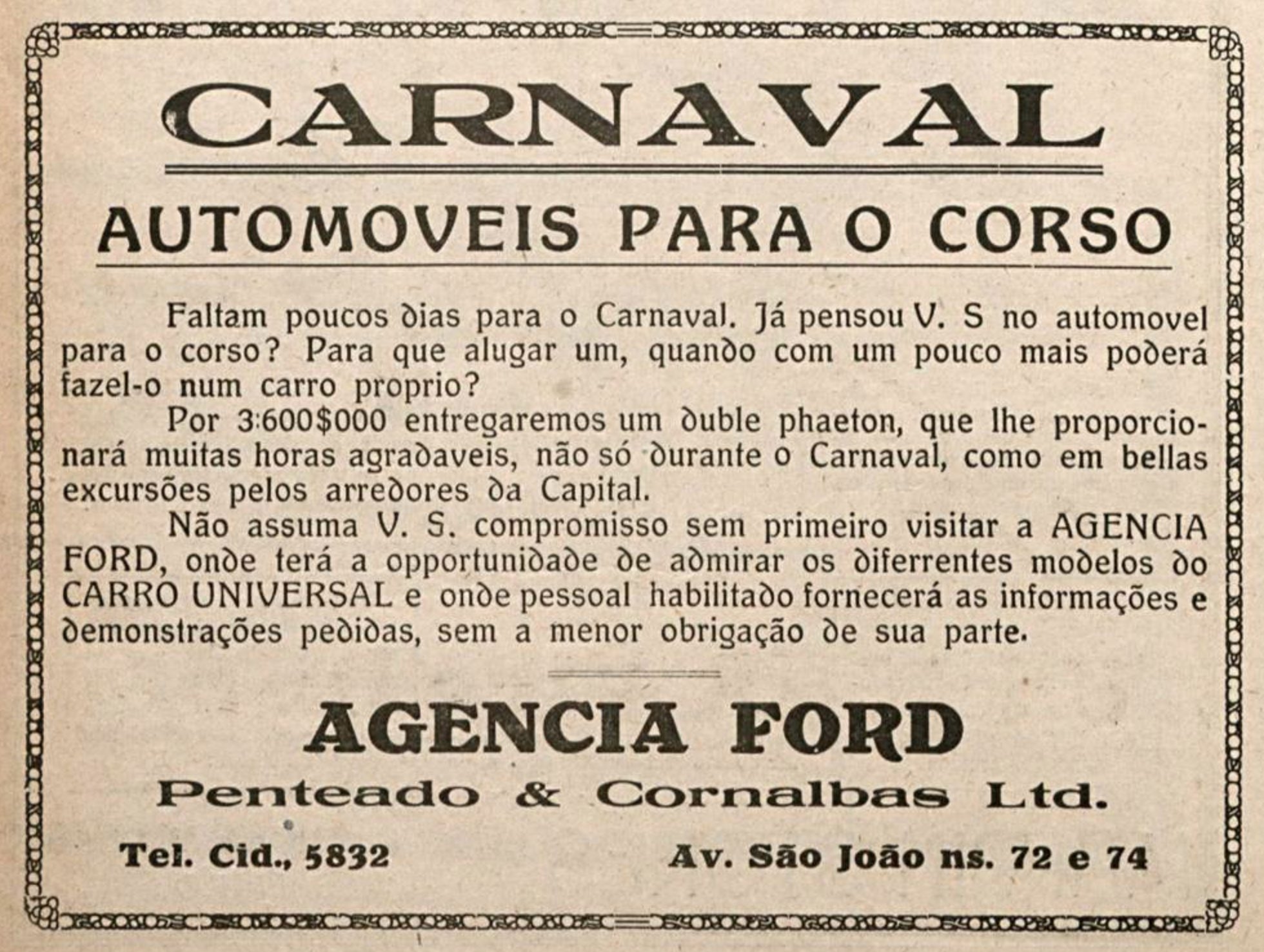 Anúncio de 1920 da agência Ford promovendo automóveis para o corso do carnaval
