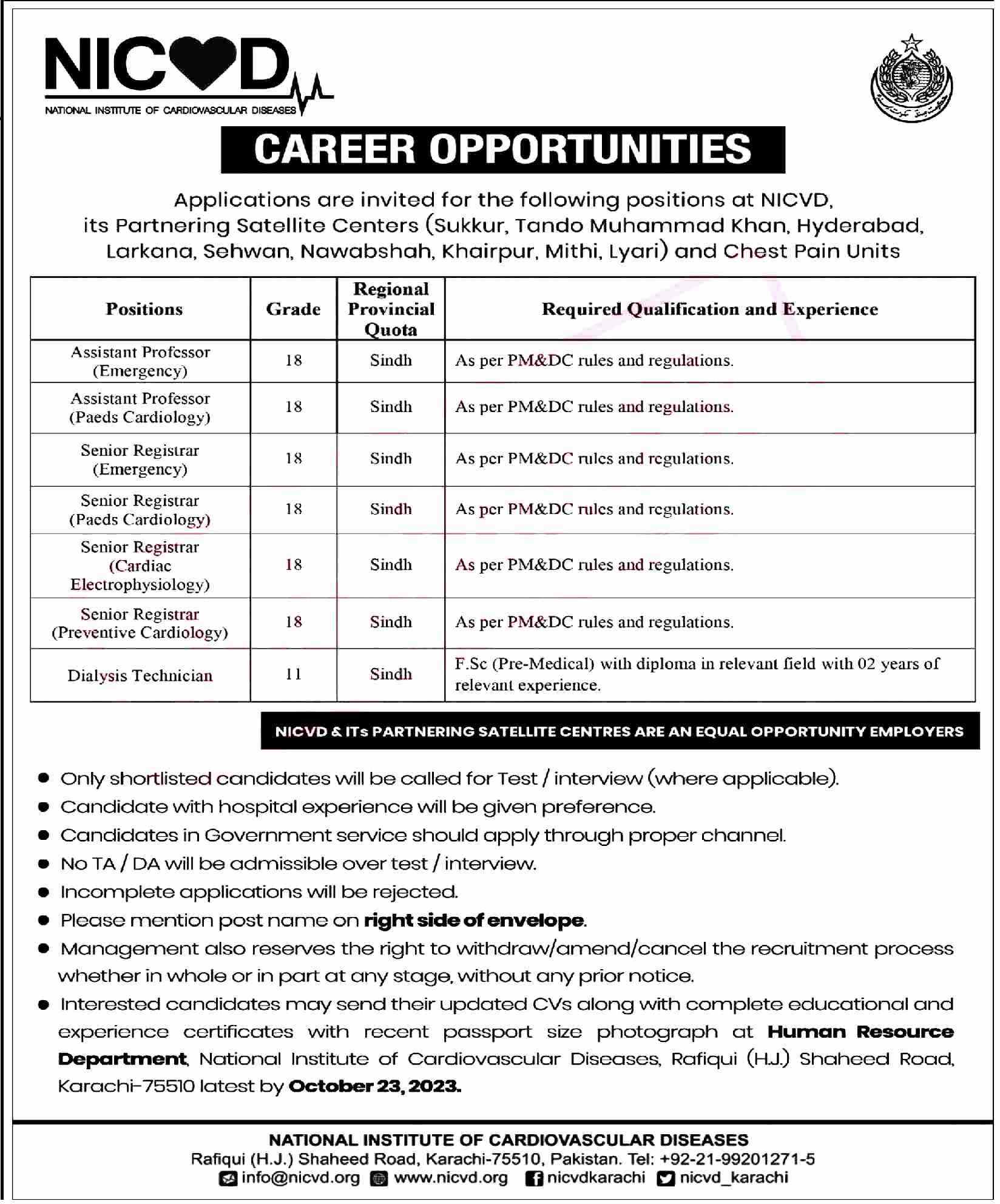 NICVD October Jobs 2023 | National Institute of Cardiovascular Diseases Careers