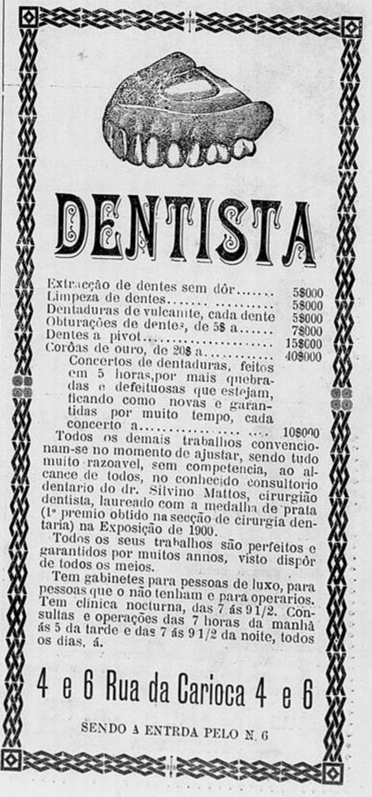 Anúncio de dentista veiculado em jornal no ano de 1902