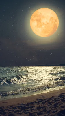 Pemandangan pantai malam hari dengan bulan yang besar