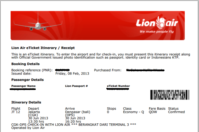 Contoh Tiket Elektronik Lion Air - e-ticket lion air 