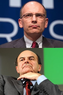 Enrico Letta and Pier Luigi Bersani looking scheptical