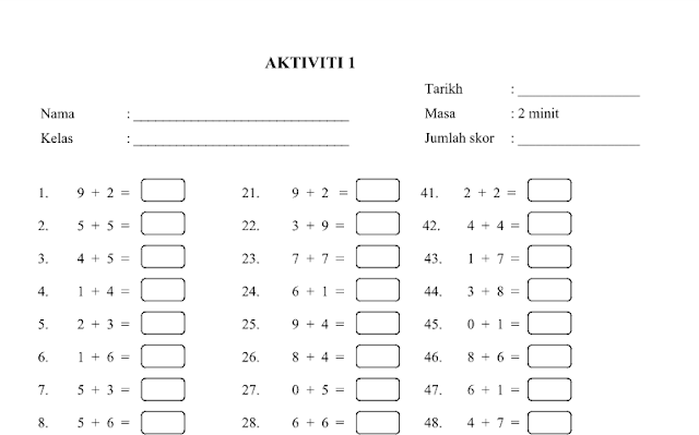 Koleksi soalan latihan asas matematik Tambah Tolak Darab 