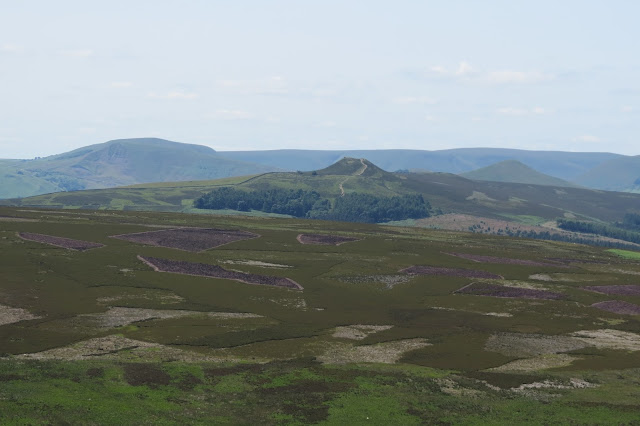 Across moorland, Winhill Pike in the centre. Behind it on either side, the summits of Mam Tor and Lose Hill.