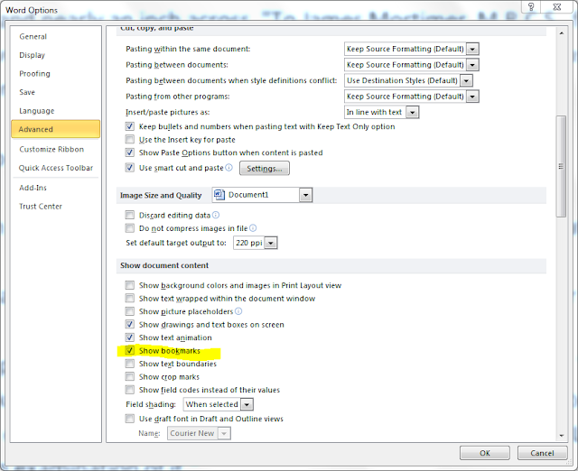 Word screen shot with Show bookmarks highlighted