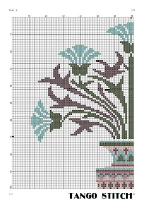 Pink ancient vase with blue flowers cross stitch ornament pattern - Tango Stitch