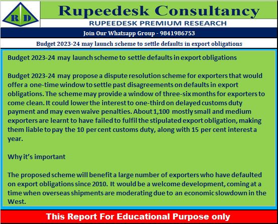 Budget 2023-24 may launch scheme to settle defaults in export obligations - Rupeedesk Reports - 13.01.2023