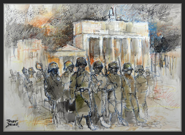 BRANDENBURGER TOR-BERLIN-ARTE-PINTURA-VOLKSSTURM-ESCENAS-FINAL-SEGUNDA GUERRA MUNDIAL-PINTOR-ERNEST DESCALS