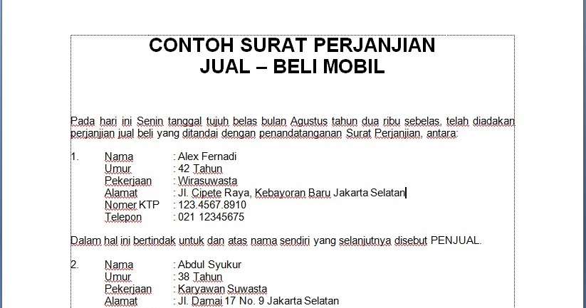 [.doc] CONTOH SURAT PERJANJIAN JUAL – BELI MOBIL ~ HOBI 