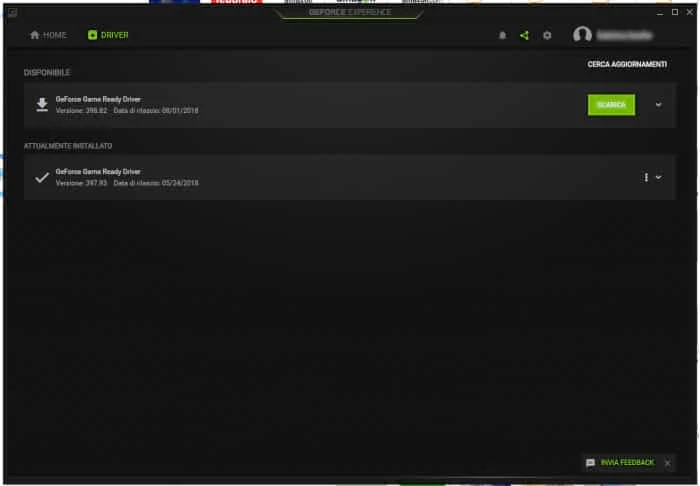 Aggiornamenti driver NVIDIA GeForce Experience