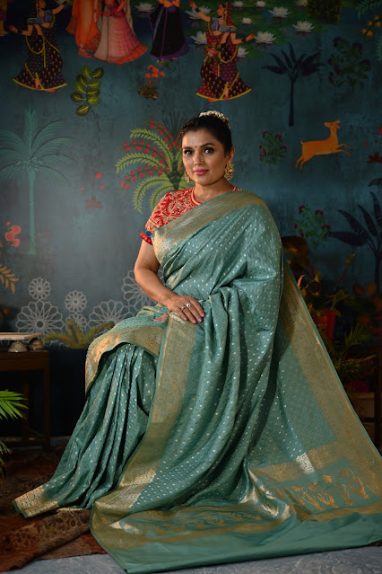 Teal mushroo silk saree with butis