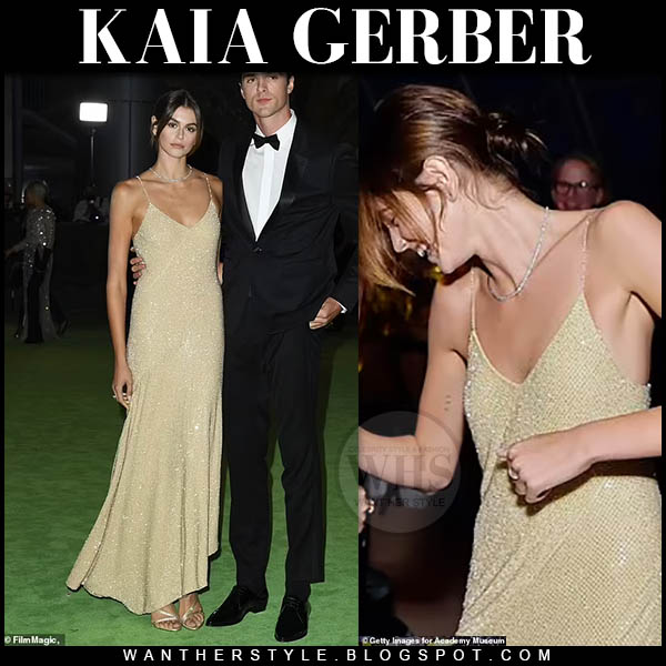 Kaia Gerber in gold embellished maxi dress