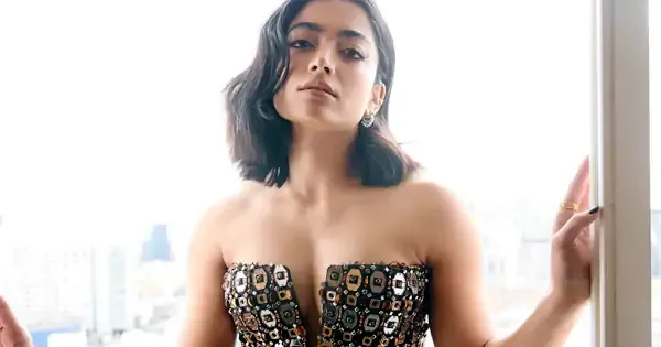 rashmika mandanna cleavage off shoulder dress