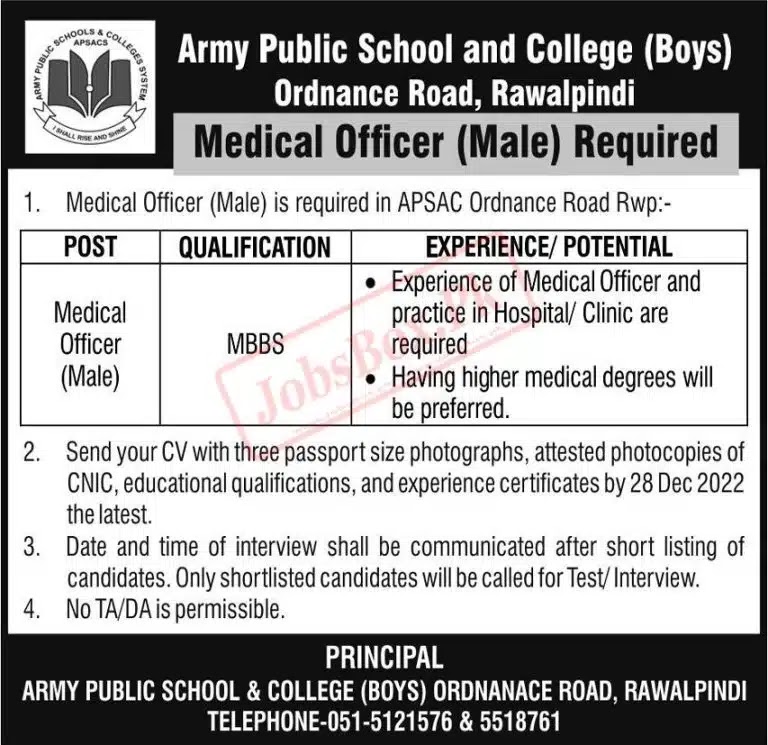 Army Public School and College Ordnance Road Rawalpindi Jobs 2023