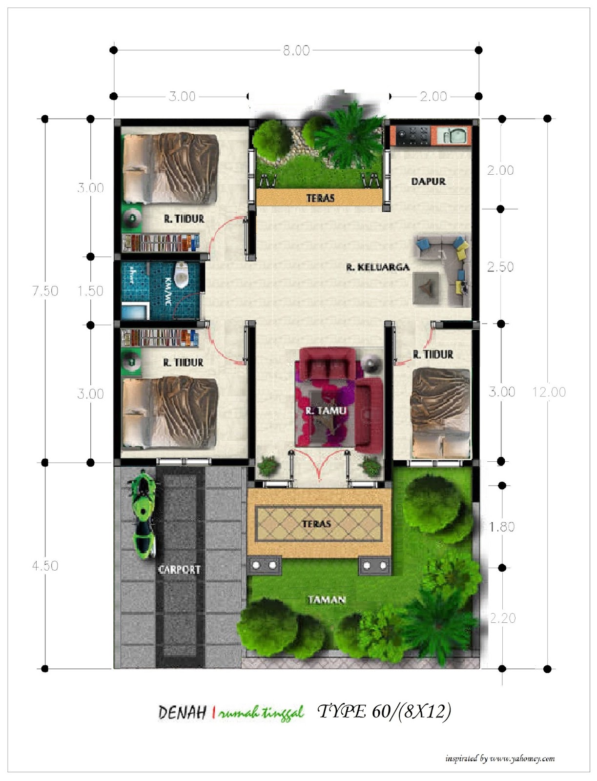 Denah Rumah Minimalis Type 60 Diatas Lahan Ukuran 8 M X 12 M Rumah