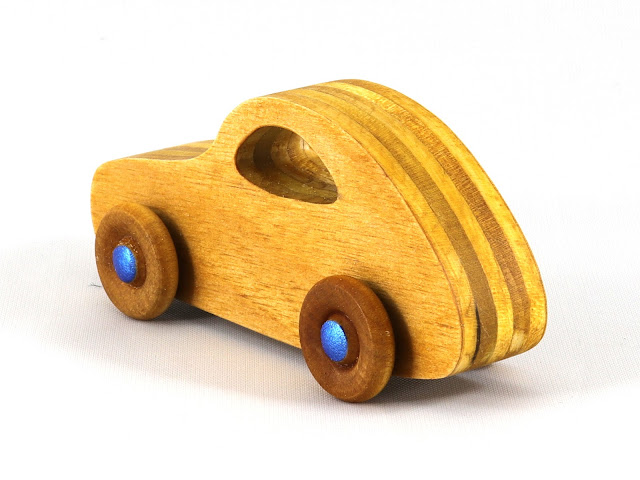Wood Toy Car, Handmade and Finished with Amber Shellac and Saphire Blue Metallic Acrylic Paint, From The Play Pal Collection