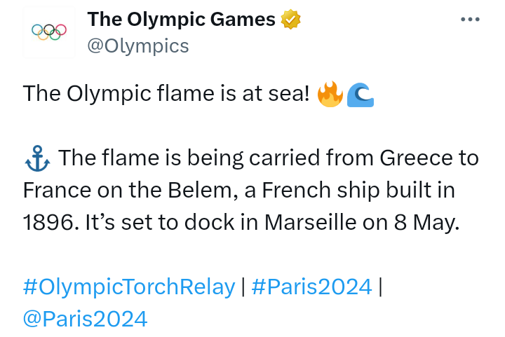 The Olympic flame is being carried from Greece to France on a French ship called Belem